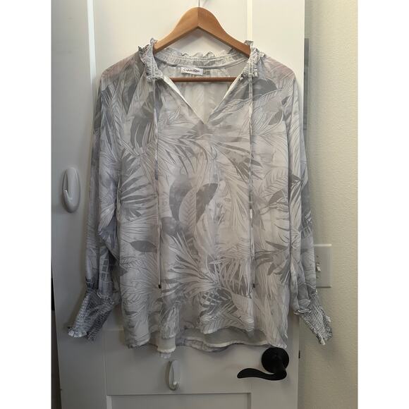Calvin Klein Women’s Sheer Tropical Leaf Print Blouse Gray White M - Picture 1 of 8